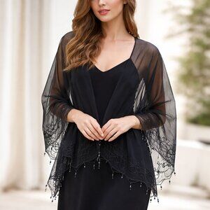 Sheer Black Beaded Fringe Chiffon Sarong Wrap Handmade